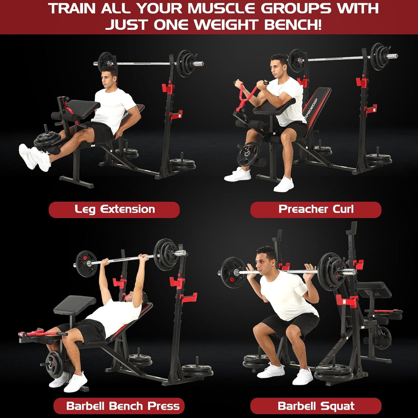 900 lbs Weight Bench Set with Squat Rack and Preacher Curl, Complete Leg Extension and Bench Press Equipment for Comprehensive Home Gym Workouts