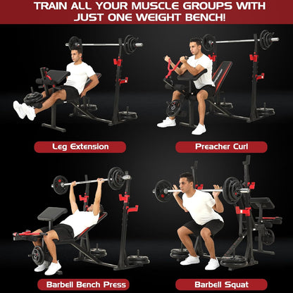 900 lbs Weight Bench Set with Squat Rack and Preacher Curl, Complete Leg Extension and Bench Press Equipment for Comprehensive Home Gym Workouts