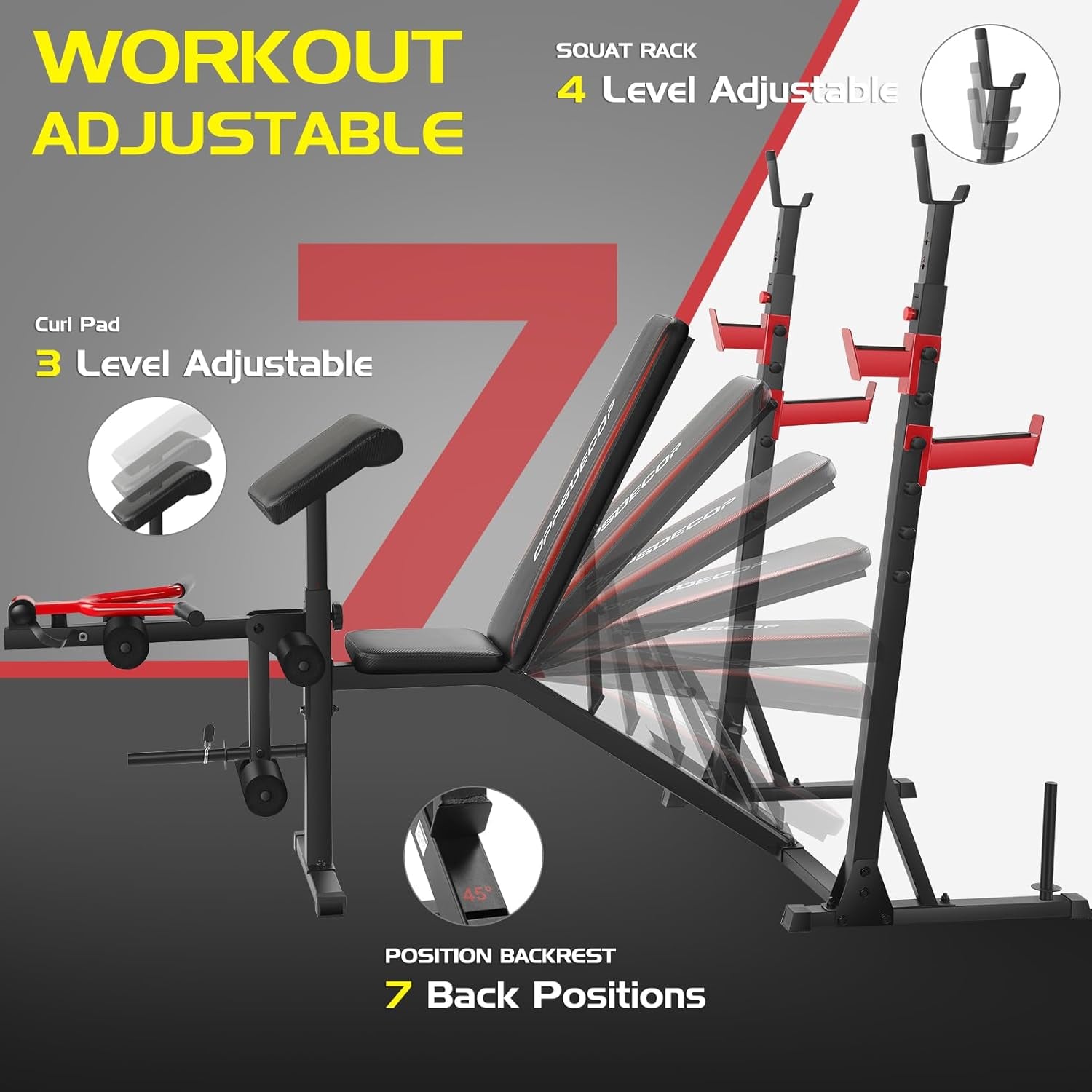 900 lbs Weight Bench Set with Squat Rack and Preacher Curl, Complete Leg Extension and Bench Press Equipment for Comprehensive Home Gym Workouts