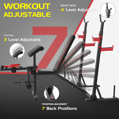 900 lbs Weight Bench Set with Squat Rack and Preacher Curl, Complete Leg Extension and Bench Press Equipment for Comprehensive Home Gym Workouts